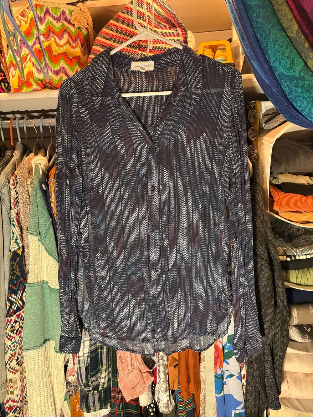 Bella Dahl 100% Rayon Navy Geometric Button-Front Blouse